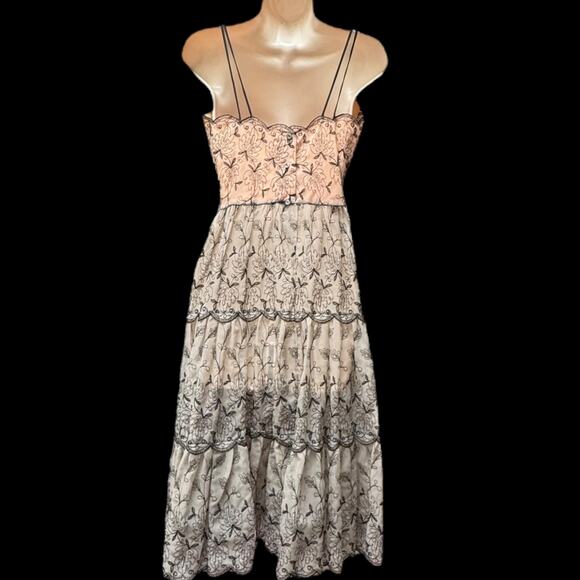 Vintage 1950s Sheer Cupcake Chiffon Embroidered Party Dress Pink & Black XS - Picture 4 of 16